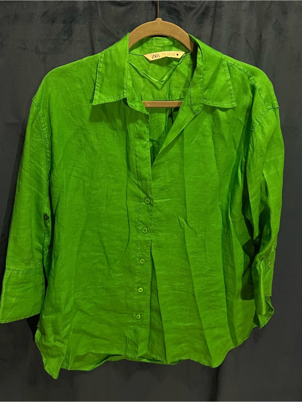 Zara V-Neck Button Front Green Linen Shirt